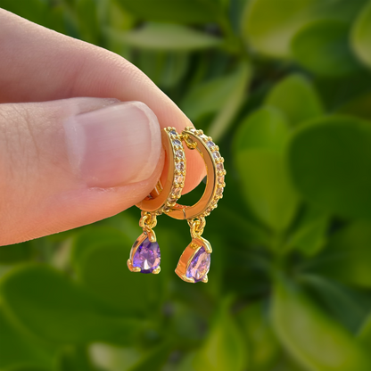 Aretes Arracada Dorada Zirconia Morada Chapa de Oro Az423