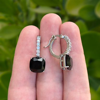 Aretes Arracada Plateada Zirconia Negra Chapa de Oro C702