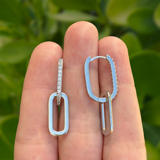 Aretes Arracada Plateada Doble con Zirconias Chapa de Oro Az63