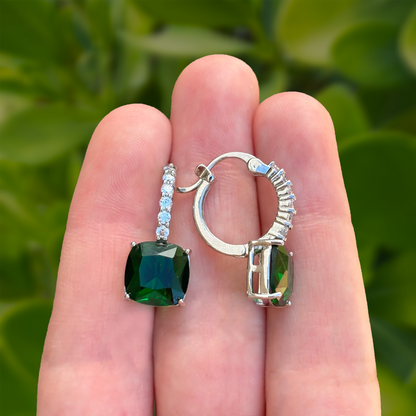 Aretes Arracada Plateada Zirconia Verde Chapa de Oro C693