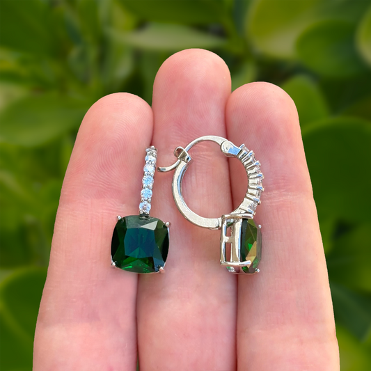 Aretes Arracada Plateada Zirconia Verde Chapa de Oro C693