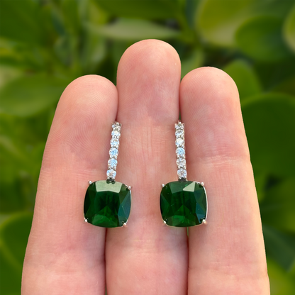 Aretes Arracada Plateada Zirconia Verde Chapa de Oro C693