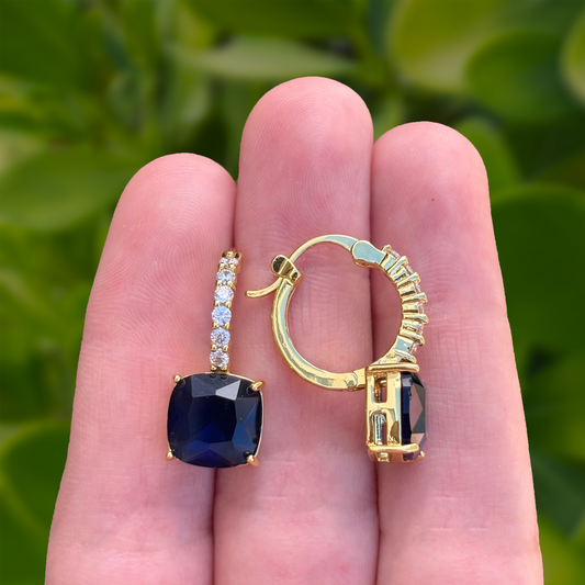 Aretes Arracada Dorada Zirconia Azul Chapa de Oro C691