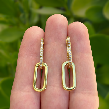 Aretes Arracada Dorada Doble con Zirconias Chapa de Oro Az203