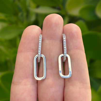 Aretes Arracada Plateada Doble con Zirconias Chapa de Oro Az63