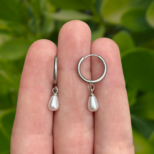 Aretes Plateados Gota de Perla  Acero Inoxidable  1U6