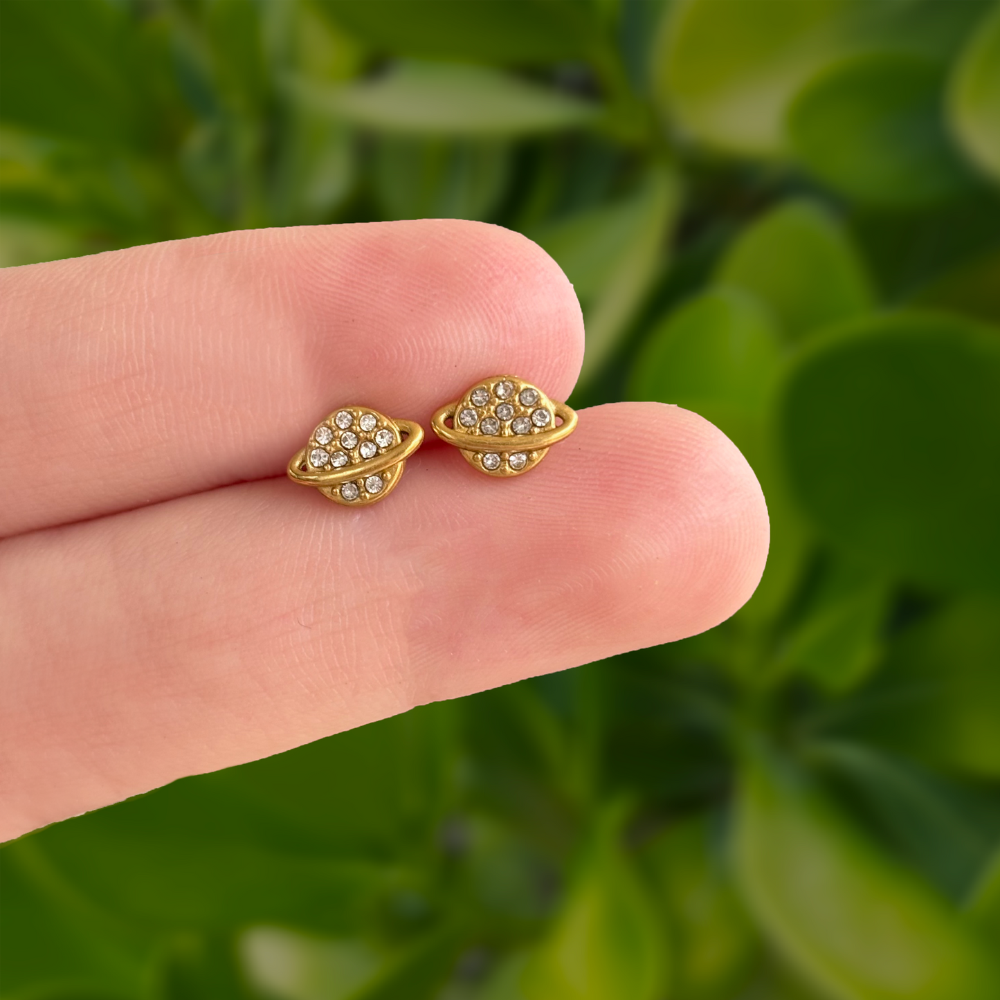 Aretes Dorados 2 Vistas Planeta y Zirconia Acero Titanio 1S2