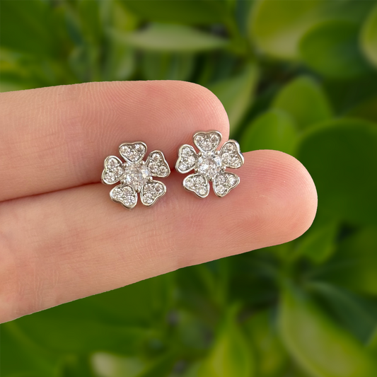 Aretes Plateados Flor Zirconias Chapa de Oro Az246