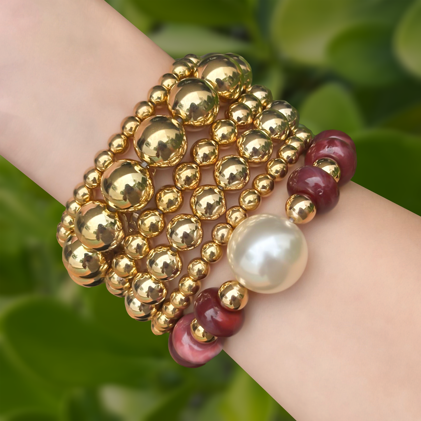 Set 6 Pulseras Bolitas Rojo Vino 2BB5