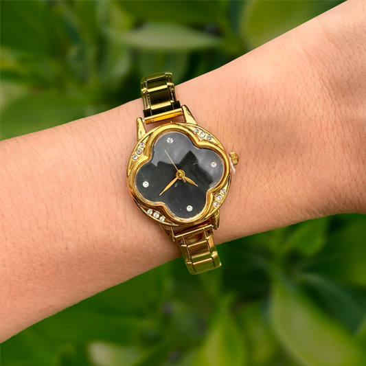 Reloj  Dorado Zirconia Trebol  Acero Inoxidable Li3