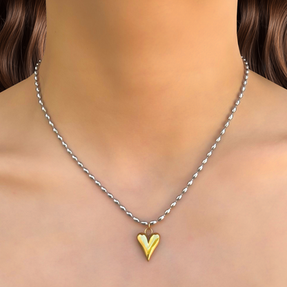Collar Corazon Oro-Plata Cadena Plateada Acero Inox 2N5
