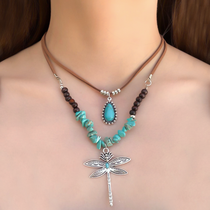 Collar Turquesa Libelula y Cuentas de Piedra 4E25