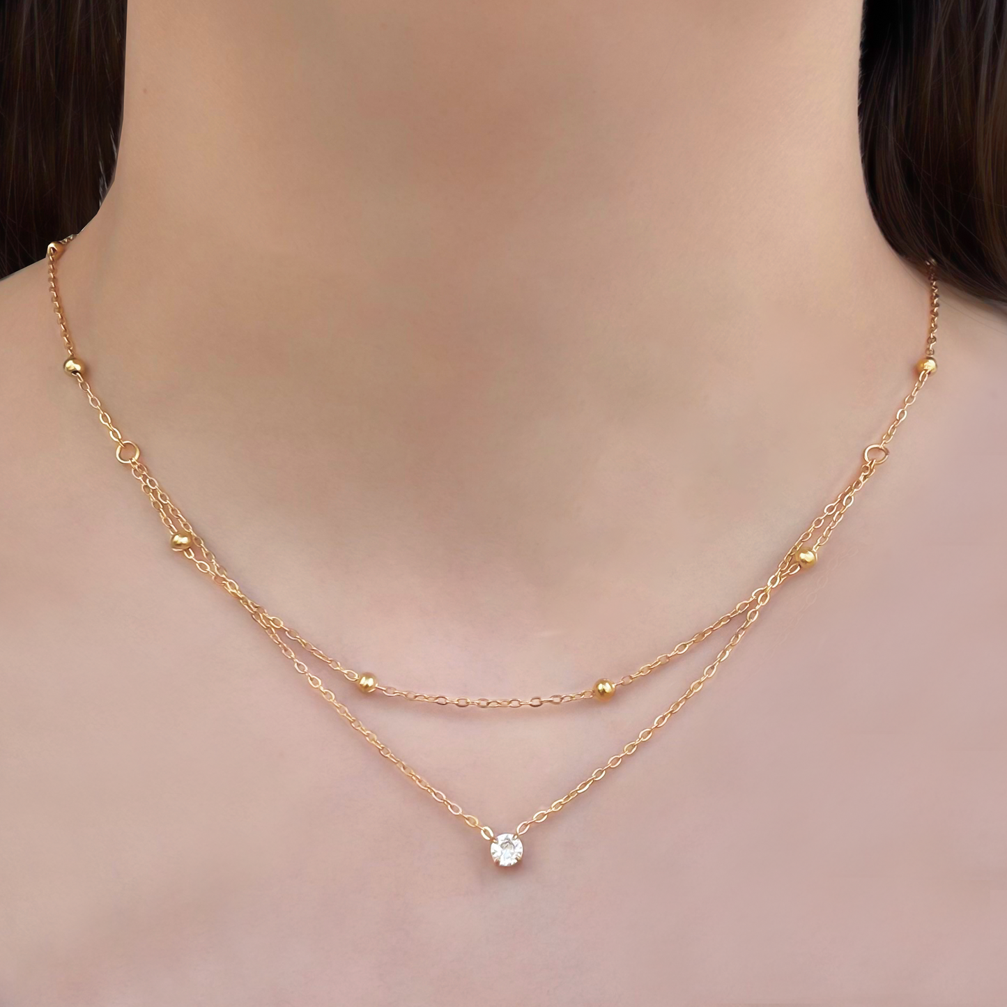 Collar Doble Bolitas y Zirconia Acero Inoxidable 1F2