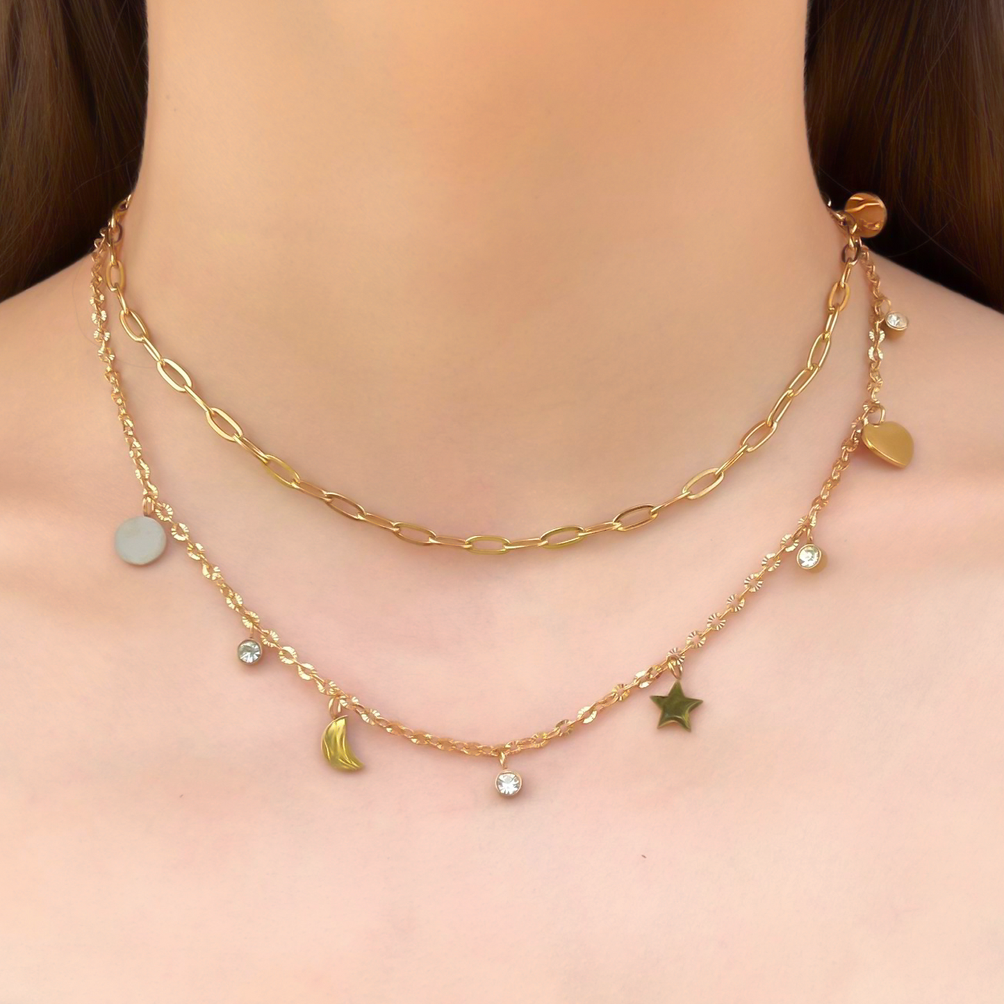 Collar Layer Dorado Estrella Corazón Zirconias Acero Inoxidable 1H5