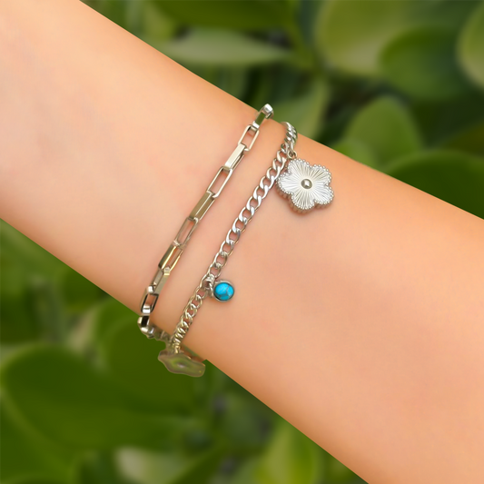 Pulsera Plateada Doble Flores Acero de Titanio
