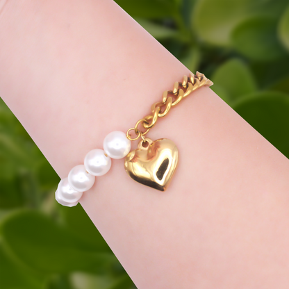 Pulsera Corazón Dorado con Perlas Acero Inoxidable 3H2