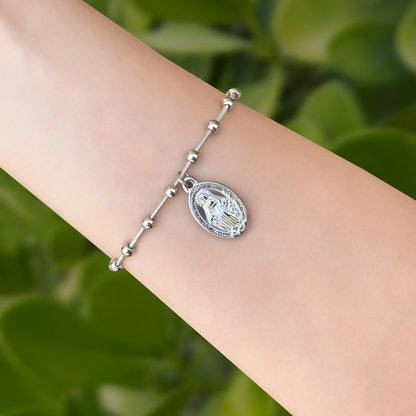 Pulsera Plateada Medalla Milagrosa Acero Inoxidable  1P3