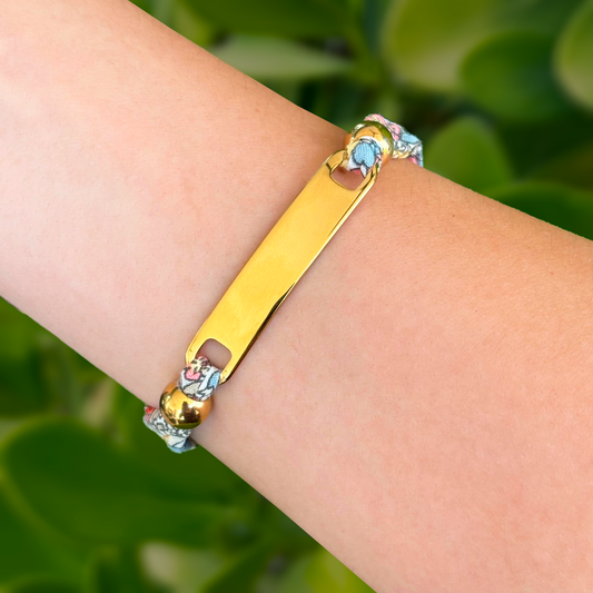 Pulsera Tela y Placa Dorada Acero Inoxidable 1N3