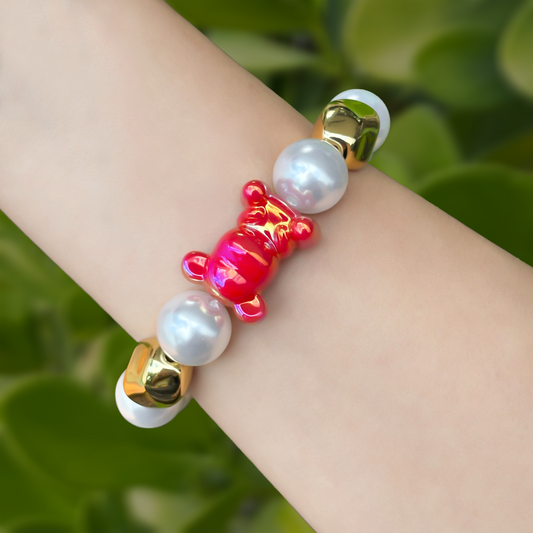Pulsera Perlas Blancas Oso Rojo Tornasol  1W7