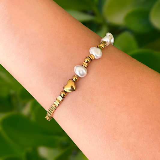 Pulsera  Perlas y Corazón Acero Inoxidable  1Q2