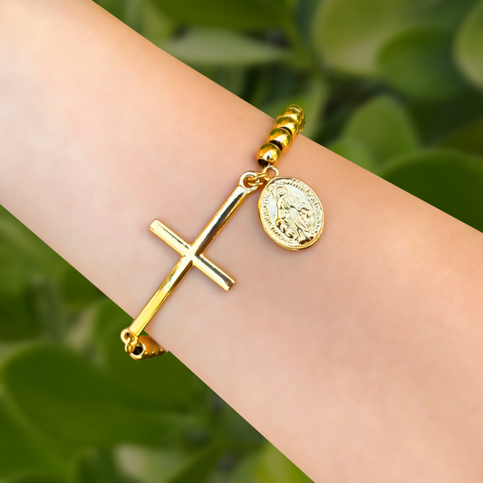 Pulsera Bolitas Cruz y Medalla  Acero Inoxidable  1L6