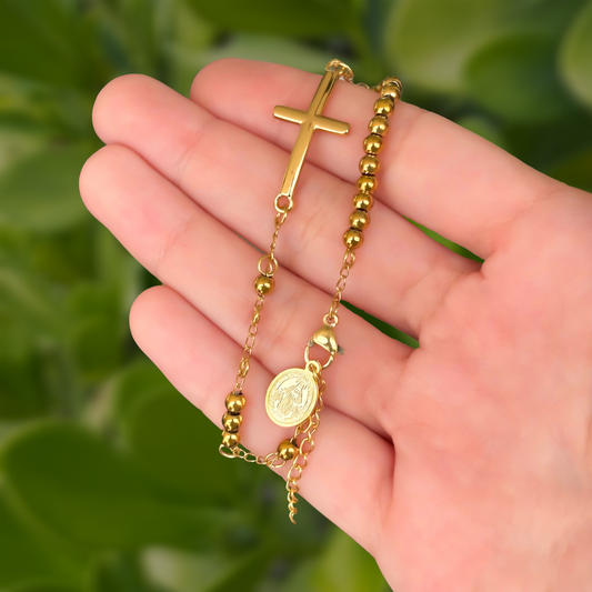 Pulsera Dorada Bolitas Cruz y Medalla  Acero Inoxidable  1S4