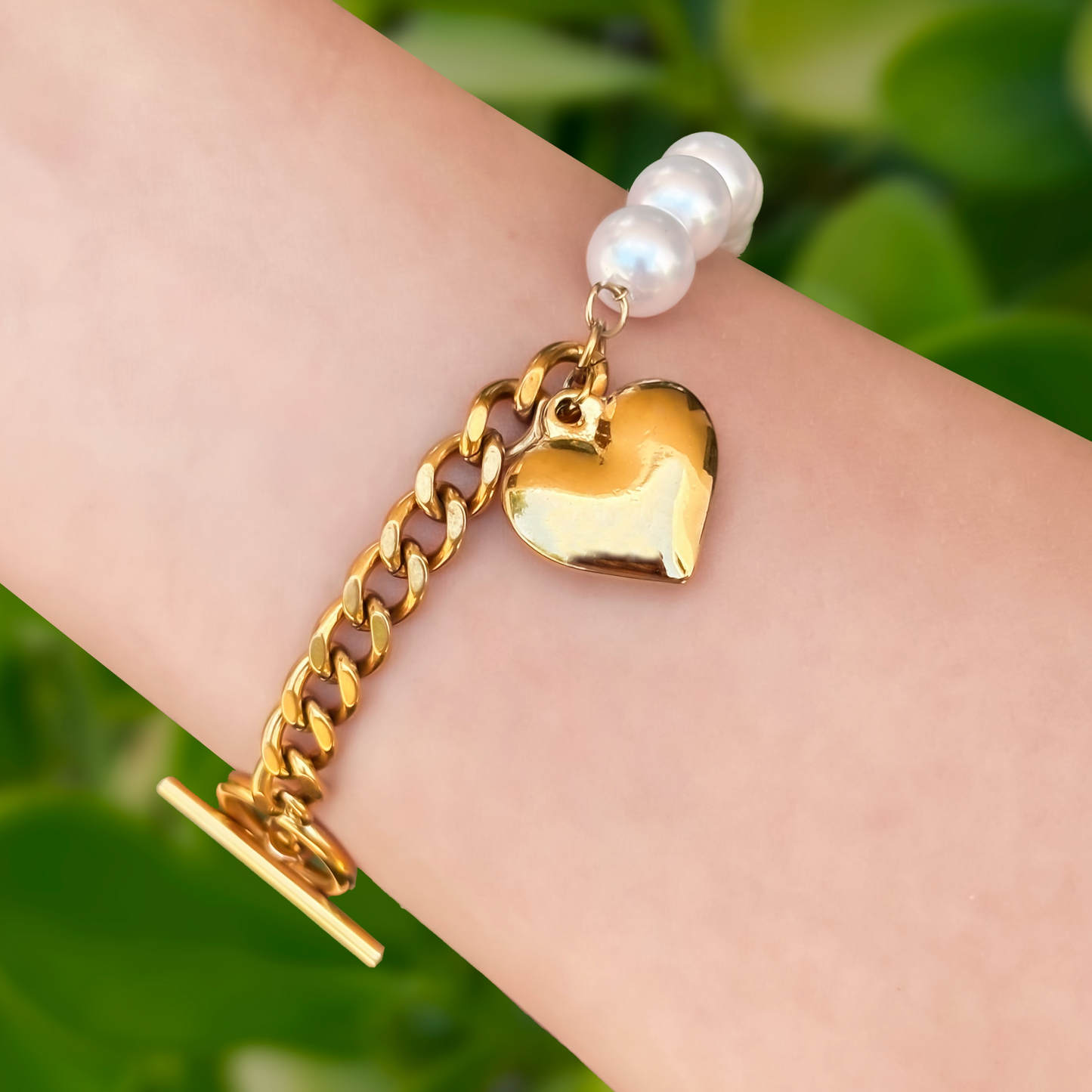 Pulsera Corazón Dorado con Perlas Acero Inoxidable 3H2