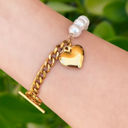Pulsera Corazón Dorado con Perlas Acero Inoxidable 3H2
