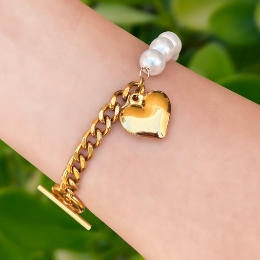 Pulsera Corazón Dorado con Perlas Acero Inoxidable 3H2