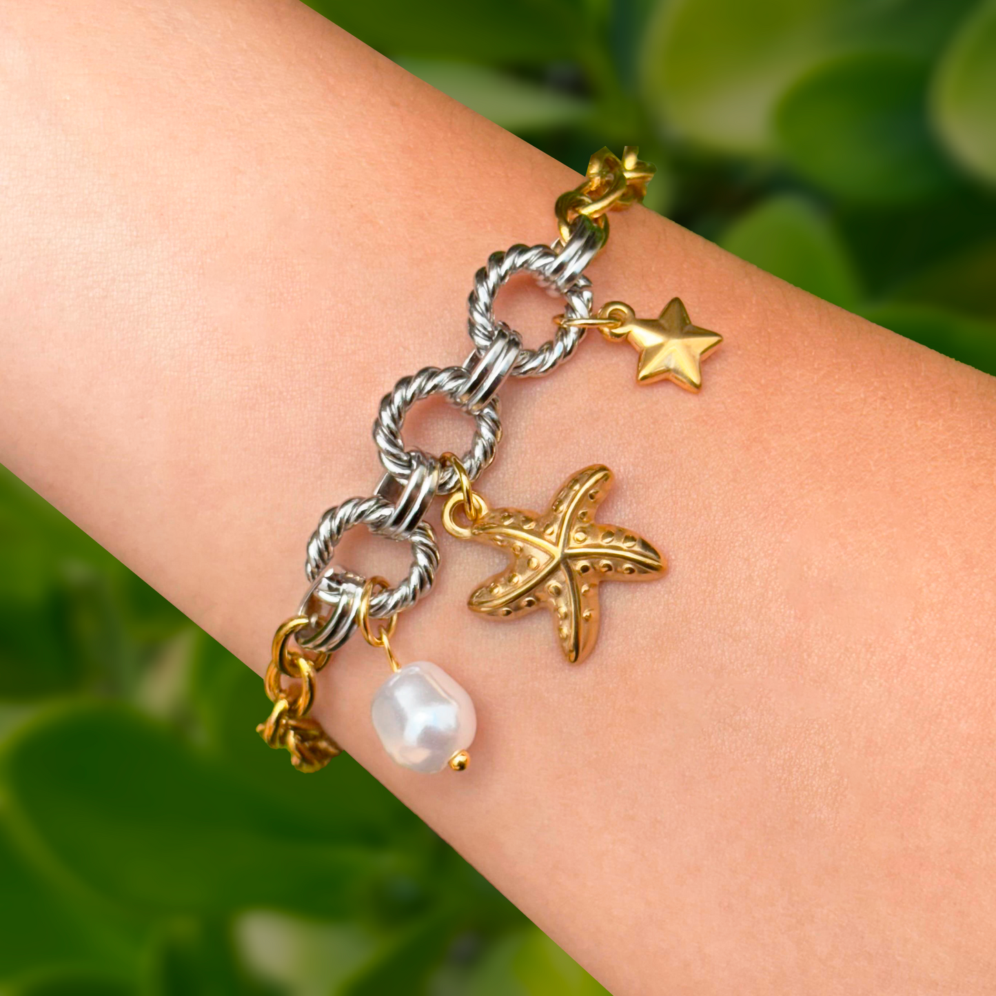 Pulsera Oro-Plata Estrella Perla  1Y5