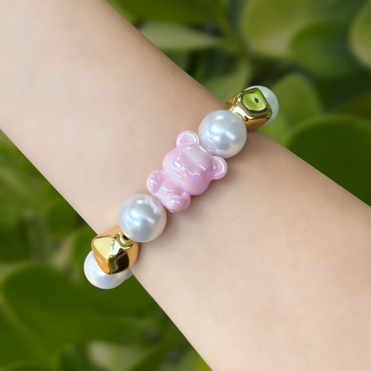 Pulsera Perlas Blancas Oso Rosa Tornasol  2W7