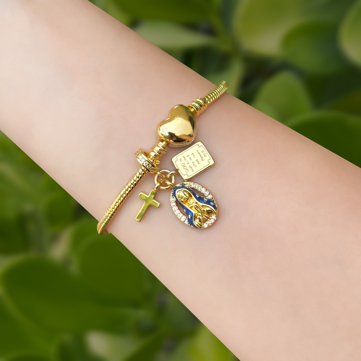 Pulsera Virgen Corazon Charms Chapa de Oro