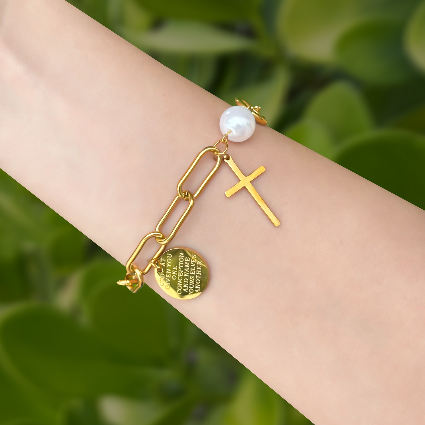 Pulsera Dorada Cruz Perla Medalla Acero Inox 1U4