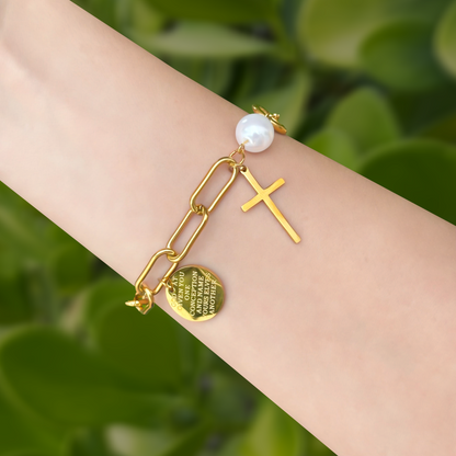 Pulsera Dorada Cruz Perla Medalla Acero Inox 1U4