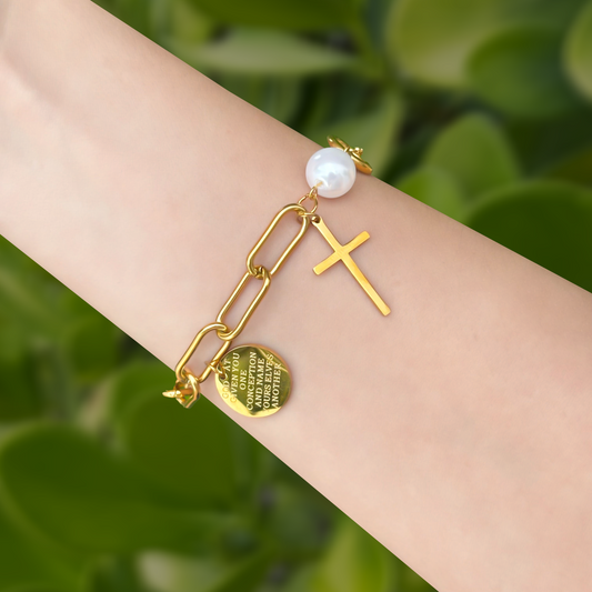 Pulsera Dorada Cruz Perla Medalla Acero Inox 1U4