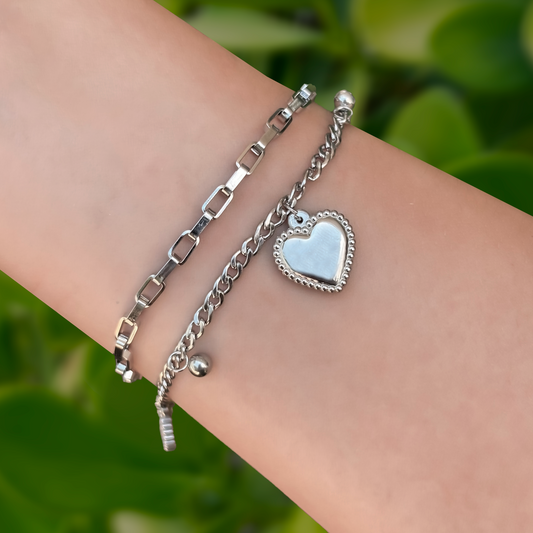 Pulsera Doble Plateada Corazones Acero Inoxidable  1A8