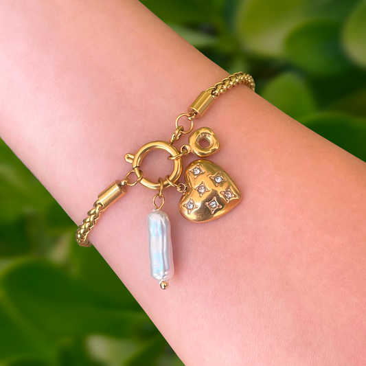Pulsera Corazón Dorado con Perla Acero Inoxidable 2L8