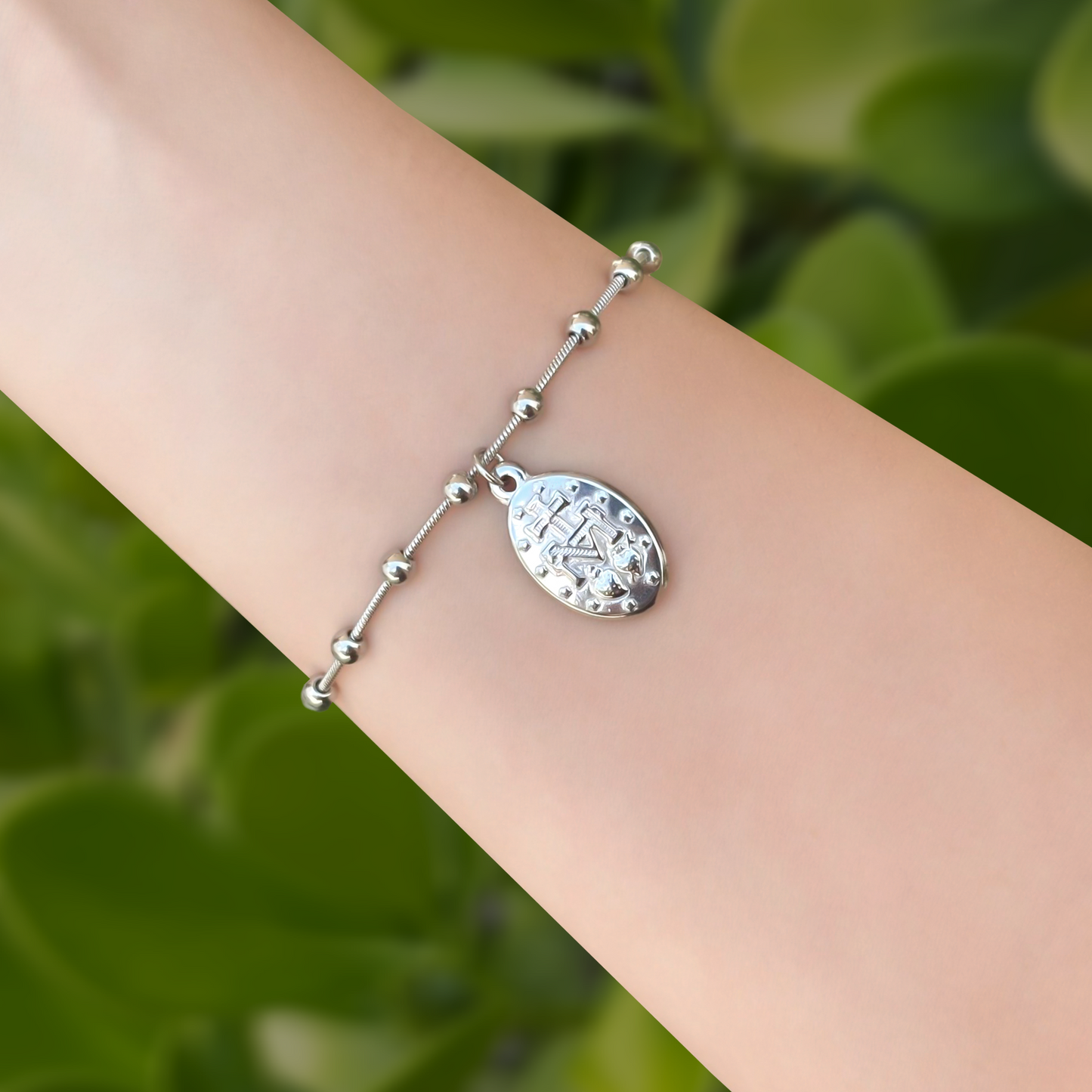 Pulsera Plateada Medalla Milagrosa Acero Inoxidable  1P3