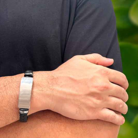 Pulsera Piel Negra para Hombre Acero Inoxidable 1i7