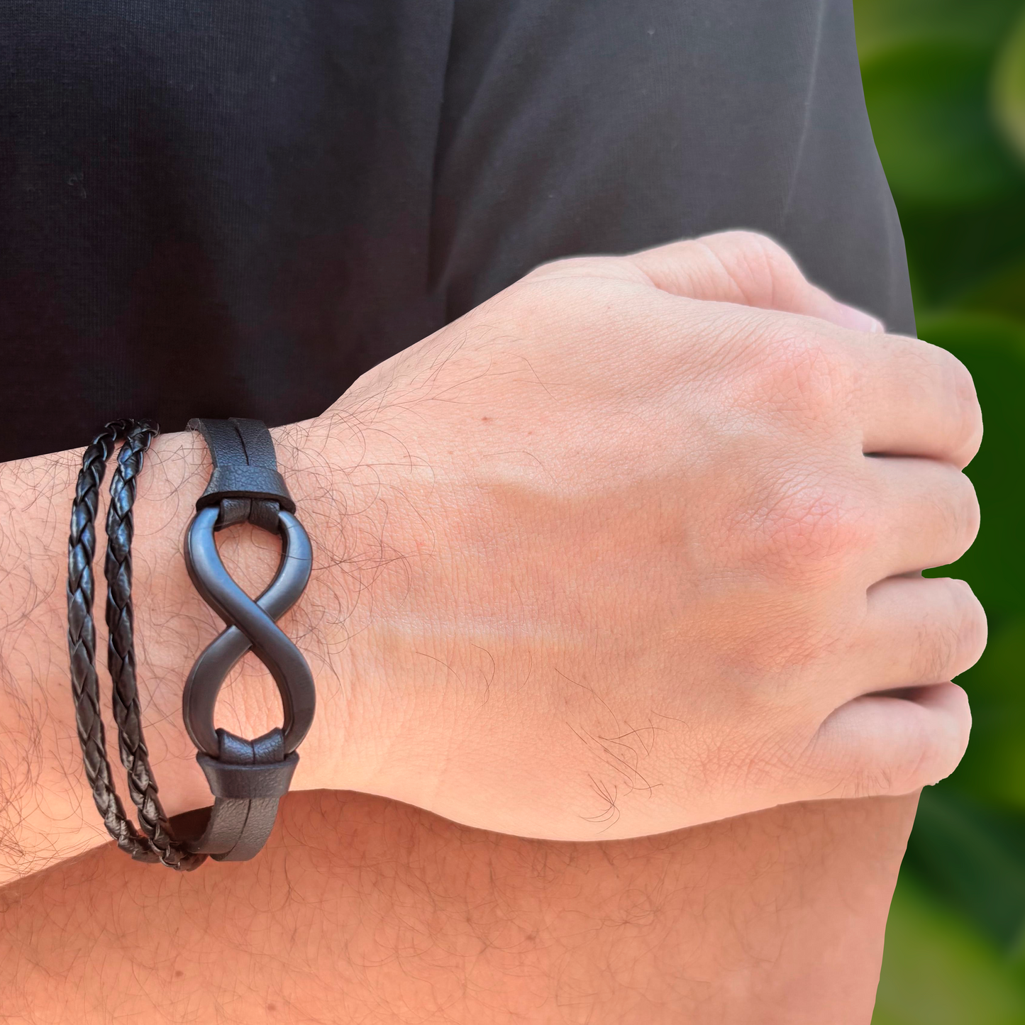 Pulsera Hombre Negro Cuero   4E28