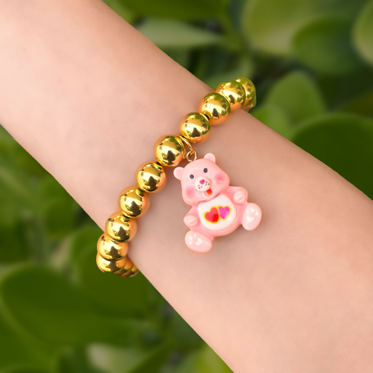 Pulsera Dorada Bolas y Oso Rosa  2Y5