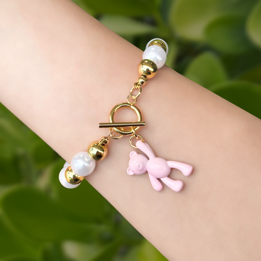 Pulsera Bolas y Perlas Oso Rosa  1XX8