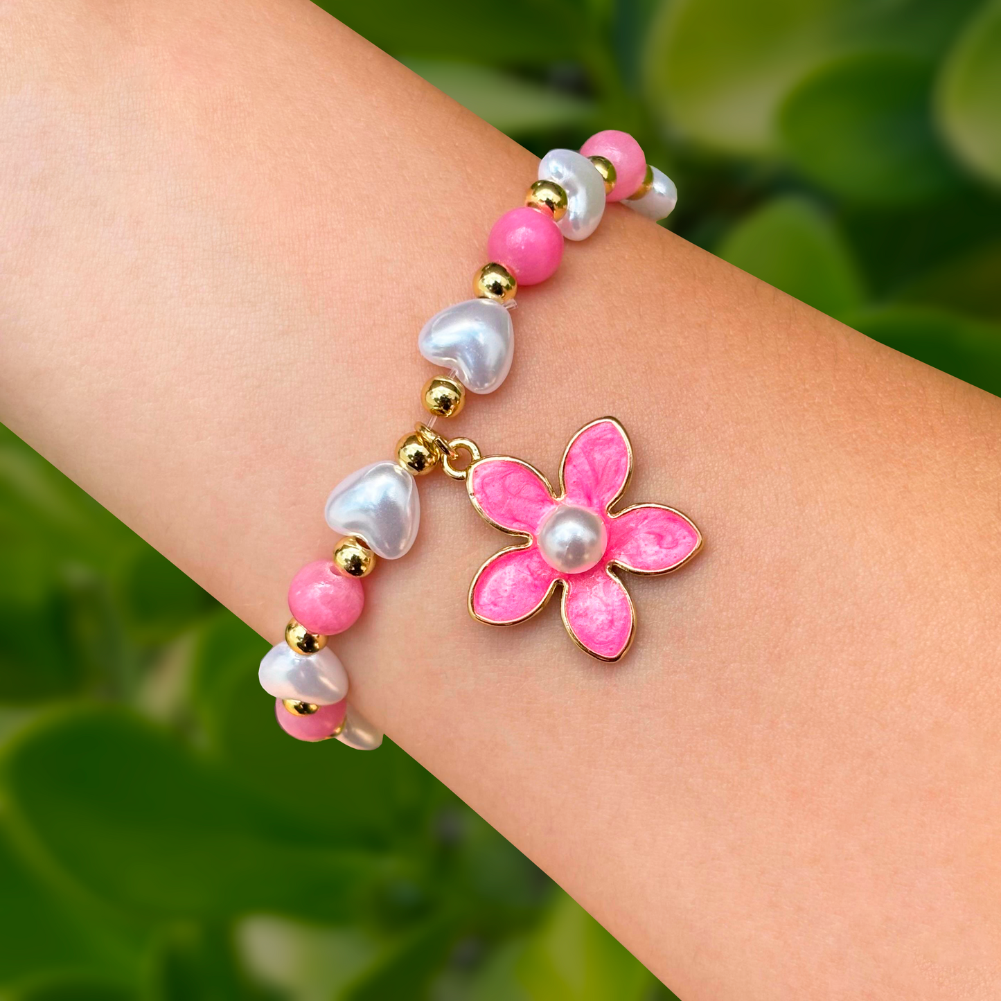 Pulsera Flor Fiusha y Perlas de Corazón 1P4