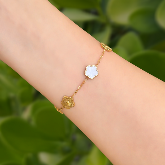 Pulsera Dorada Trebol Blanco Acero Inoxidable