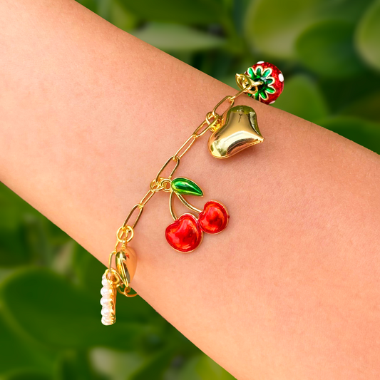 Pulsera Charms Fresa Cereza Corazón Acero Inoxidable 1o7