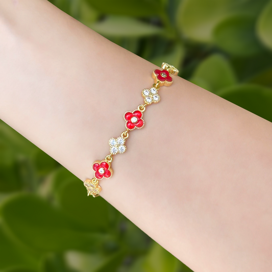 Pulsera Dorada Trébol Rojo y Brillante Chapa de Oro  2i1