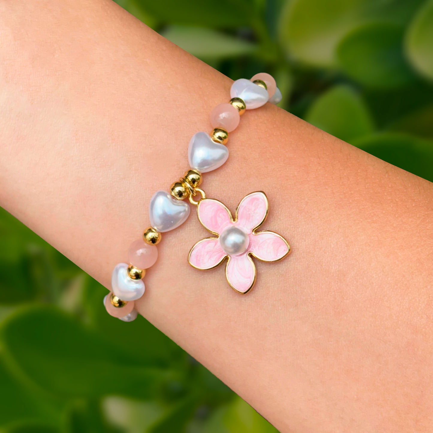 Pulsera Flor Rosa y Perlas de Corazón 2F4