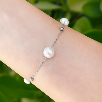 Pulsera Plateada Perlas Acero Inoxidable 1N6