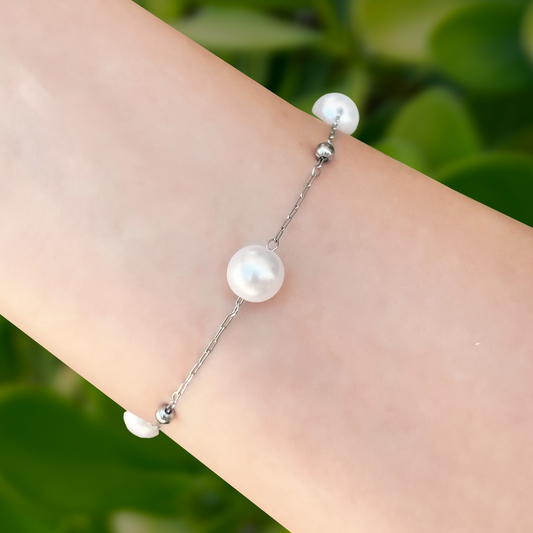 Pulsera Plateada Perlas Acero Inoxidable 1N6