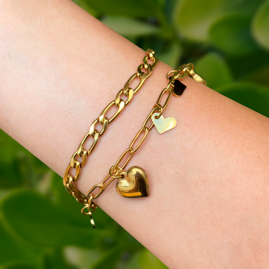 Pulsera Doble Cadena Corazones Acero Inoxidable 1D2